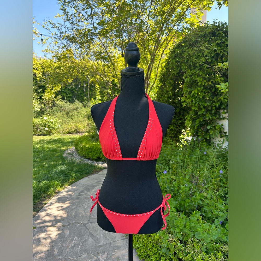 deep orange two piece with crystal embellishments
